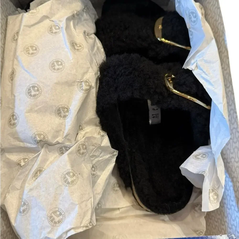 Birkenstock Arizona Big Buckle Teddy Black & Gold Sandals Womens Size 10 NIB